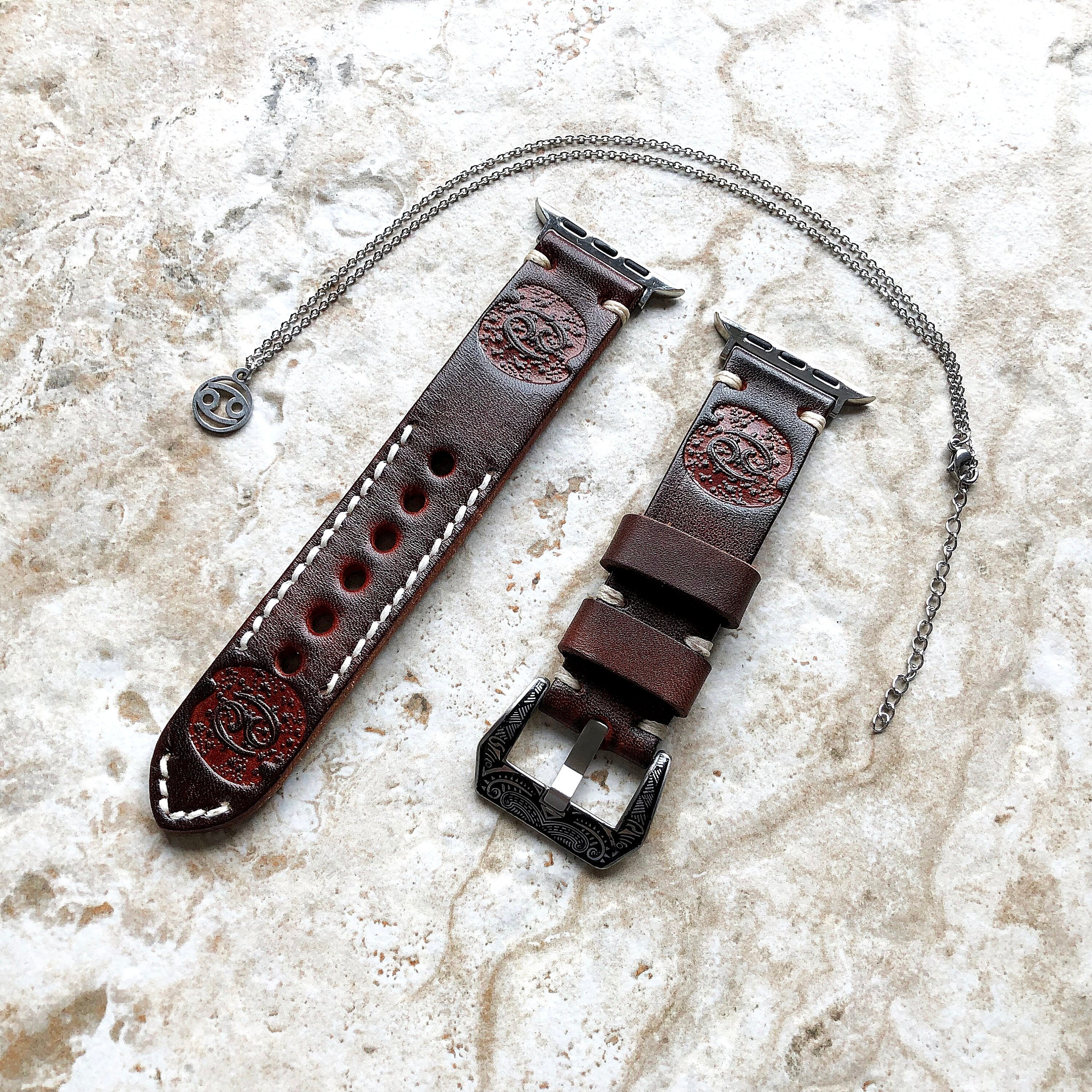 Apple Watch Cancer Zodiac Band Set for Ultra 2 9 8 7 SE 6 5 4 3 2 1 38mm 40mm 41mm 42mm 44mm 45mm 49mm Brown Leather Embossed Strap Necklace